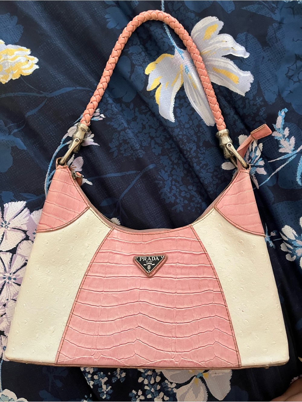 Vintage prada Milano 1913 Pink and Cream Croc-Embossed Shoulder Bag